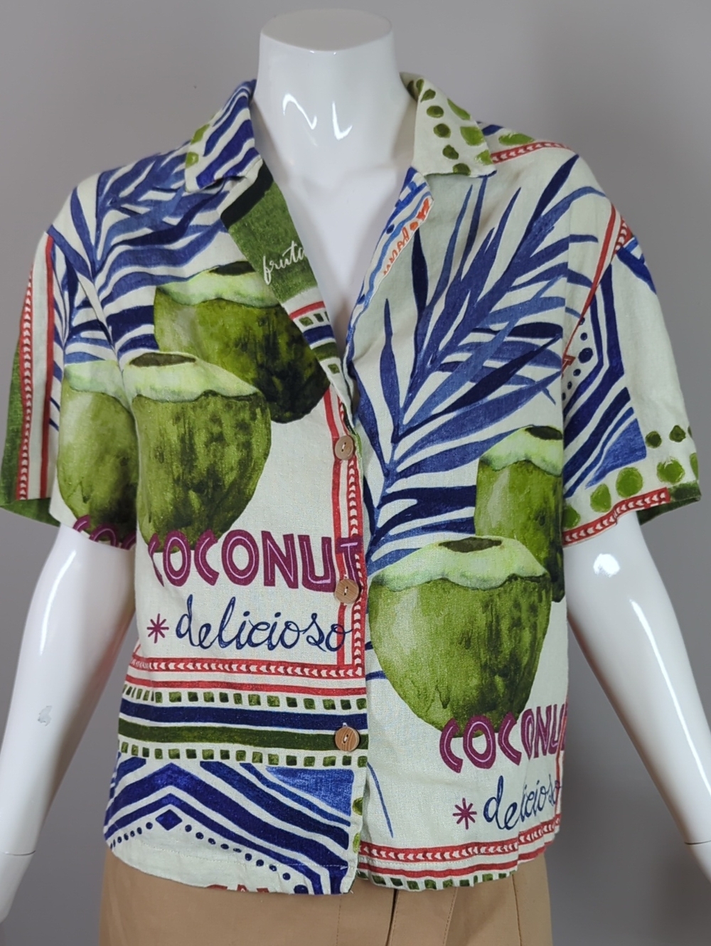 Rachel Zoe Linen Blend Short Sleeve Button Blouse Coconut Tropical Vacation S - Picture 2 of 8